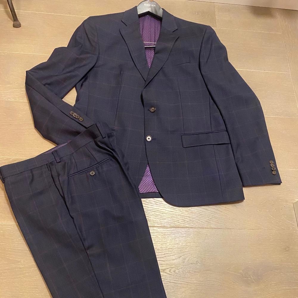 TED BAKER navy window pane checked suit, size 42